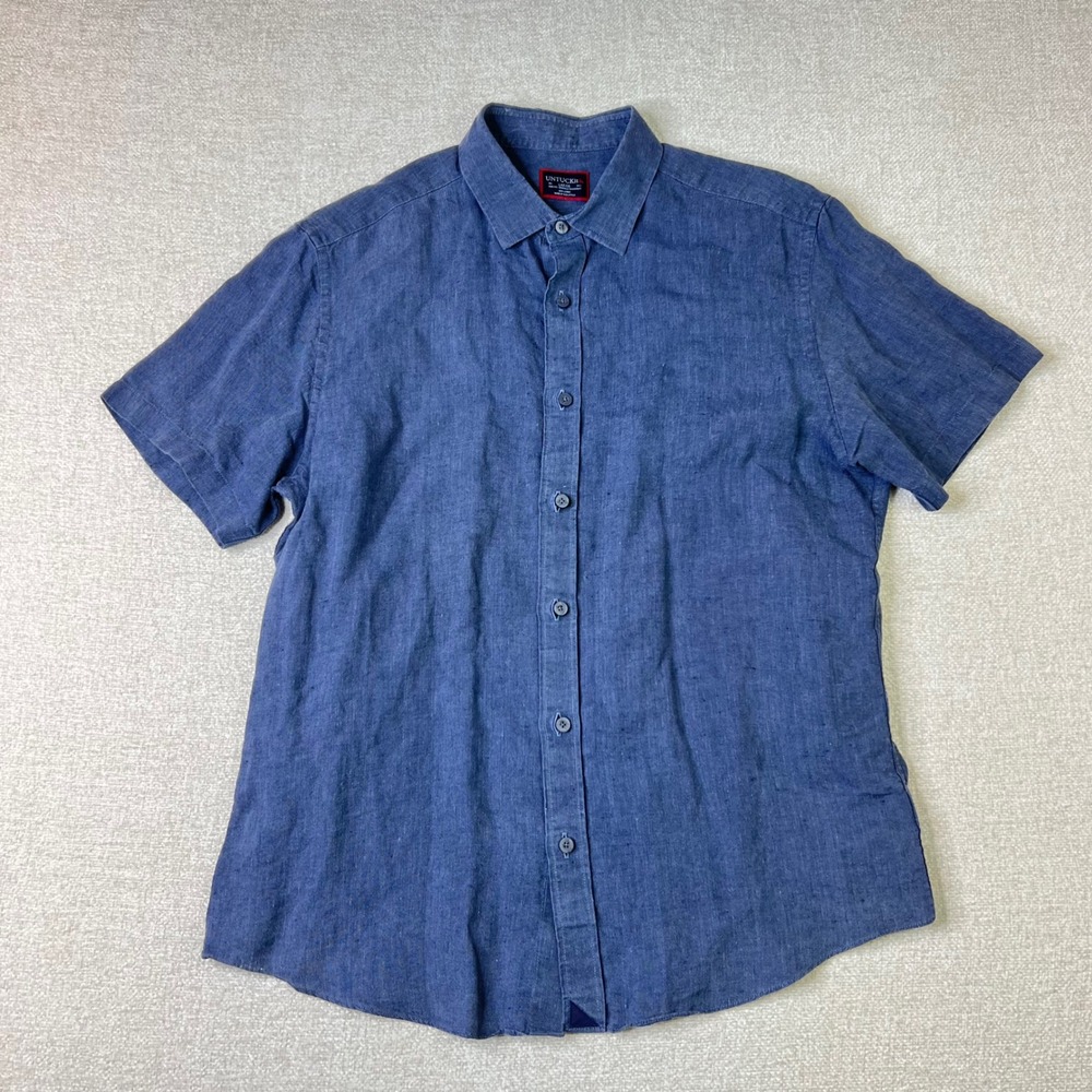 UNTUCKit 100% Linen Slim Fit Short Sleeve Button Down Shirt Blue Mens Large